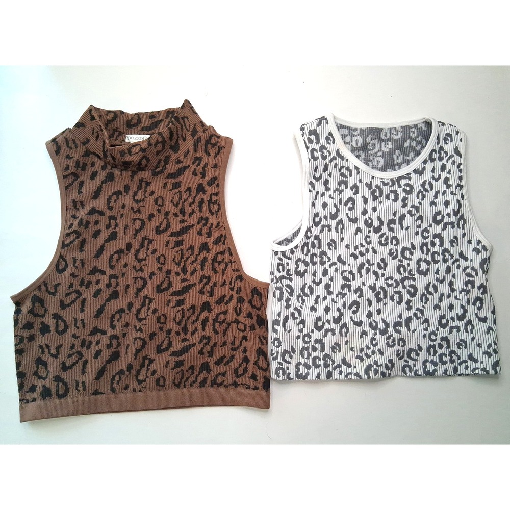 2 Cropped Tank Tops Women's XS/S Aura & Bozzolo High Neck Ribbed Stretch Leopard